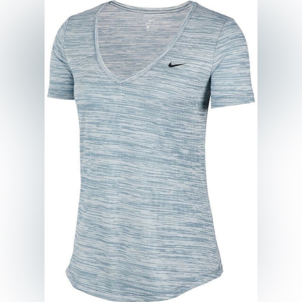 Nike Dry Fit V Neck Loose Fit Short Sleeve Space Dye T-Shirt Blue Gray Size XS